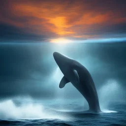 photograph of beautiful sperm whale jumping out of turbulent ocean water, stunning, magnificant, sunset sky, 8k resolution, high-quality, fine-detail, detailed matte, photography, illustration, digital art, Jeanloup Sieff, Marc Adamus, Ann Prochilo, Romain Veillon