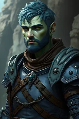 50 year old water male genasi sorcerer with weathered skin colored sea foam green, green eyes, short blue-green hair, and wearing blue and black leather armor rendered in fantasy style