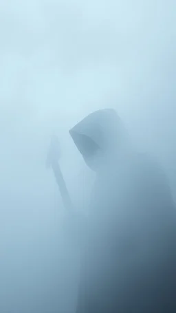 Heavy fog, huge angry hooded man in the sky