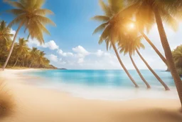 A tranquil beach setting with clear blue waters, golden sand, and palm trees.