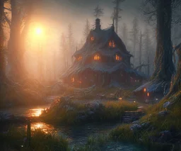 dynamic lighting, Intricately detailed, Splash screen art, deep color, Unreal Engine, volumetric lighting, dark fantasy artwork, dark swamp artwork, fantasy swamp artwork, cottage, night,