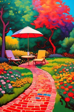 painting of a psychadelic colourful natural backyard with brick road and grass, flowers and trees, round coffee table with shade and umbrella by van gogh and andy warhol infusion