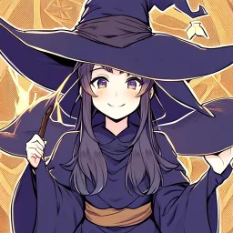 Akira Toriyama style, witch, witch hat, witch robe, expression smiling