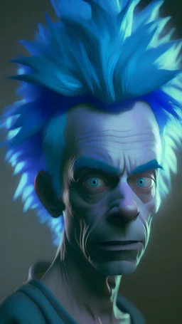 Rick from rick and morty as a real person, blue hair, dramatic lighting, octane render