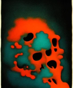 broken skull. black background. smoke and explode. particles in air. teal and orange. abstract. beksinski.