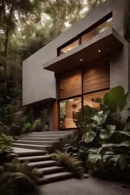 facade concrete. house in jungle ,mid-century modern house, wood paneled walls, concrete. .organic, plants,modern