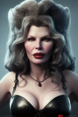 Kim Basinger as evil queen in black leather, busty, cleavage, curvy, angry, happy, stern look. character design by cory loftis, fenghua zhong, ryohei hase, ismail inceoglu and ruan jia. unreal engine 5, artistic lighting, highly detailed, photorealistic, fantasy