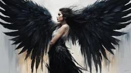 Dark and ethereal, the angel's black wings spread, Each feather carried with it an ancient story, a deep secret that hid in the shadows. cinematic detailed mysterious sharp focus high contrast dramatic volumetric lighting, :: mysterious and dark esoteric atmosphere :: matte digital painting by Jeremy Mann + Carne Griffiths + Leonid Afremov, black canvas, dramatic shading, detailed face