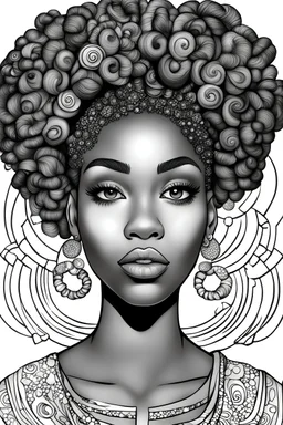 Create a coloring page of a beautiful black female looking up with a bantu knots in her hair