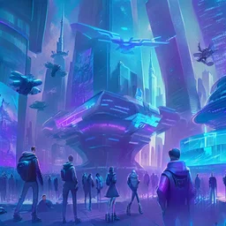 A group of people gather in a futuristic plaza, surrounded by towering skyscrapers and holographic advertisements. The plaza is filled with blue and purple light, and flying vehicles can be seen in the background.