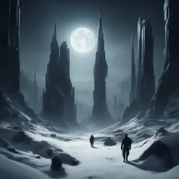 dark futuristic desolate space terrain tall alien figures walking dystopian snow night time space ships and buildings