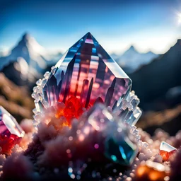 photograph of a (one massive colorful crystal:1.2) growing out of the jelly mountain, (focus on crystal:1.2), 4k, 8k, (highly detailed), ((landscape)),(translucent crystal:1.1), light going trough the crystal, bokeh, chromatic aberration, mountain view,