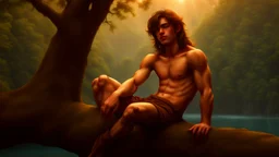 Photograph of a young teen elven male on thick tree branch, relaxing, eyes closed, thick brown hair, full lips, aesthetic physique, cute face, shirtless torso, warm skin tone, flawless skin, long hair,, high camera angle, simple loin cloth, calm clear water, dreamy atmosphere, high resolution