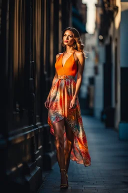 full body shot Young woman, 20 years old, wearing nice fashion dress walk in an urban setting, soft sunlight accentuating the vibrant hues of her attire, high contrast, shallow depth of field, candid photo, natural light, ultra realistic