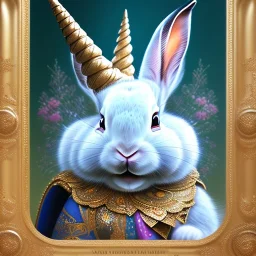 fantasy magic, sharp focus, illustration, highly detailed, digital painting, concept art, art germ and Paul Lewin and Kehinde Wiley, masterpiece silver slolo rabbit with unicorn horn