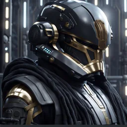 star wars bald male corellian pilot wearing pearlescent black and gunmetal grey First Order special forces heavy assault stealth commando armor and helmet with gold trim inside the jedi temple, hyperdetailed, dynamic lighting, hyperdetailed background, 8k resolution, volumetric lighting, light skin, fully symmetric details