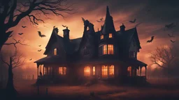 Atmospheric Halloween scene with a hauntingly serene house at sunset
