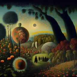 High definition photography of a marvelous landscape, trees, flowers, giant sun, people wearing masks, eerie, rock formations, atmosphere of a James Ensor painting, Henri Rousseau, thoughtful, interesting, a bit appalling, smooth