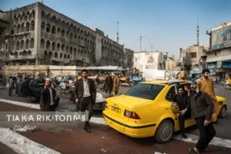 men models in a street in Tehran with a taxi