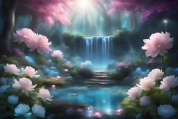 in a magical forest a magnificent crystal palace, pink and blue light, dancing light particles present everywhere, a small turquoise lake, a small waterfall, crystal flowers, crystal cluster, special lighting, in the center a big cluster of cristals, rays of sun, in the foreground very small white peonies, daffodils, magical atmosphere, very good definition, many refined details