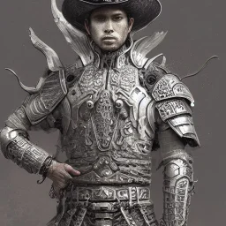 Insanely detailed photograph of an “portrait of Echo Knight ” with intricate half plate chest armor, intricate embroidered cowboy hat, handsomely clear face and hyperdetailed painting by Ismail Inceoglu Huang Guangjian and Dan Witz CGSociety ZBrush Central fantasy art album cover art,8K, hdr, romantic, mysterious, ominous, hands focused on a D20, jewelry, motivated