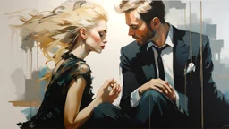 Blonde Pale Very Thin Scandinavian Woman 30yo, Big Eyes, Long Eyelashes And Eye Shadow, on steve Roger's lap kissing :: by Robert McGinnis + Jeremy Mann + Carne Griffiths + Leonid Afremov, black canvas, clear outlining, detailed