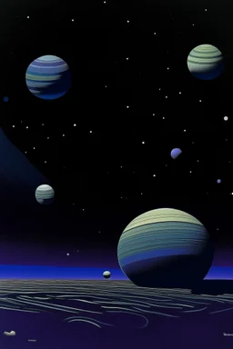 A dark bluish violet space with a small planet and moons painted by John Brack
