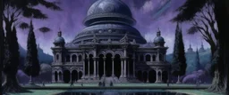 A purplish black otherworldly Arabian palace with UFOs painted by Claude Monet