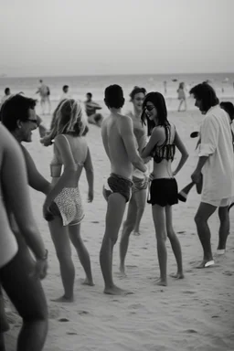 party on the beach of Porto Racanti in the middle of summer, music, dancing, celebration, toast, photography taken with a Leica camera and a 35 mm lens, black and white photography