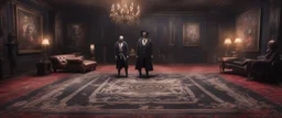 Hyper Realistic huge dark mansion lounge with Zombie-pirate standing on a ritual pentagram on an old carpet