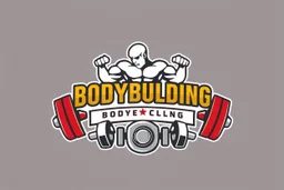 Bodybuilding design for a club with a logo of weights and club equipment below the image and using the symbols of this sport in a white, red, gold and silver color theme.
