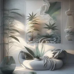 Design an art that potrays pleasure and relaxation derived from indulging in hash and weed, using elements like soft textures, hazy atmospheres, and gentle curves to evoke a sense of tranquility and bliss.