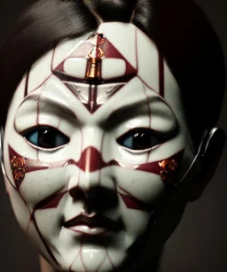 Simetric Realistic image portrait. Sweet face traditional japanese porcelain mask. Smooth. Dark ambient. Cold. God light. 4k resolution, intricate details, ornate details, soft lighting, unreal engine 5.
