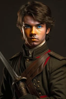 european brown hair young adult royal guard swordsman with rapier dieselpunk