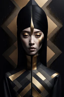 minimalism,amazingly beautiful surreal otherworldly fashion portrait,abstract painting of black and dark warm subtle colors with a subtle spray of gold,filled with a unique pattern of shapes and colors,dark patchwork background,Miki Asai Macro photography,hyper detailed,trending on artstation,sharp focus,studio photo,intricate details,highly detailed, Bruegel painting style