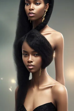 A portrait of a beautiful youthful black woman, wearing a black dress, long hair, black hair, wavy hair, wizard, magical, ethereal, soft bright lighting, Concept art by wlop, Ultra quality 8k, Fantasy.