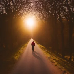 view of long road , man walking with blood hand , sun is blury