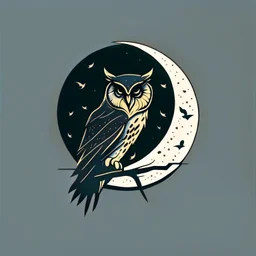 Owl + moon. Logo design minimalist. Soft colors. Dark. Sketch In the style of russian constructivism