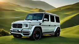 A (((G-class hypercar Body))) with its sleek,, featuring a bold, menacing grille and powerful lines, evoking a harmonious balance between sophistication and muscle, against a backdrop of verdant hills at noon, ideal for a dynamic desktop wallpaper