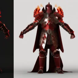 A full body image of a king, dark hair with red armor, surrounded by flames and fire