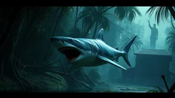 Surreal concept art, realistic depiction of a shark swimming in the jungle, eerie atmosphere with abandoned buildings in the background, by Simon Stålenhag and James Gurney, highly detailed and lifelike rendering, dramatic lighting and composition.