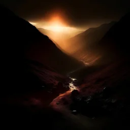 atmospheric deep orange light coming through a dark valley