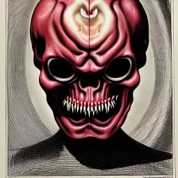 portrait, red skull of devil, many teeth, grotesque