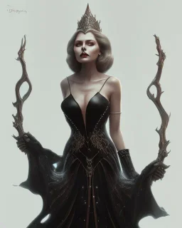 old evil queen in black leather gown, femme fatale, volouptous, busty, cleavage, angry, emperious, 8k resolution concept art portrait by Greg Rutkowski,