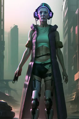 cyberpunk saggy granny woman, abandoned sci-fi town, future, sci-fi