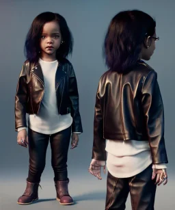 Rihanna toddler, full body, leather jacket, soft skin, dramatic lighting, hyper realistic