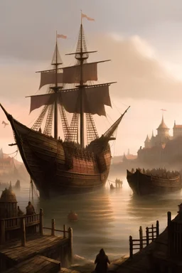 Old ships in harbor, pathfinder, dungeons dragons, mist, ruins, magic