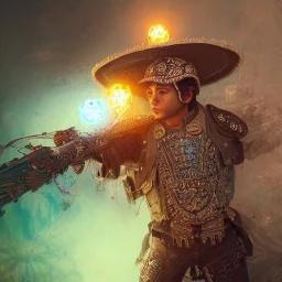 Insanely detailed photograph of an “ a duster wearing mariachi focusing on a glowing D20” with intricately detailed Sombrero, intricate armored charo, hyperdetailed painting by Ismail Inceoglu Huang Guangjian and Dan Witz CGSociety ZBrush Central fantasy art album cover art,8K, hdr, mysterious, flickeringlights ,Stoic