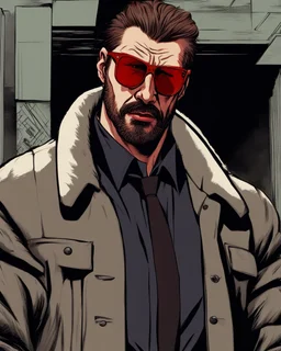 a young man with big muscles who looks like hans gruber wearing a heavy coat and red sunglasses staring with an irritated look on his face