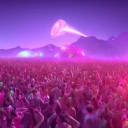 GIANT DANCE PARTY, FESTIVAL IN THE MOUNTAINS, MUSIC FESTIVAL, CROWD, ALIENS, cinematic lighting, 4k, 8k, octane render, digital concept art, ambient lighting, PINK